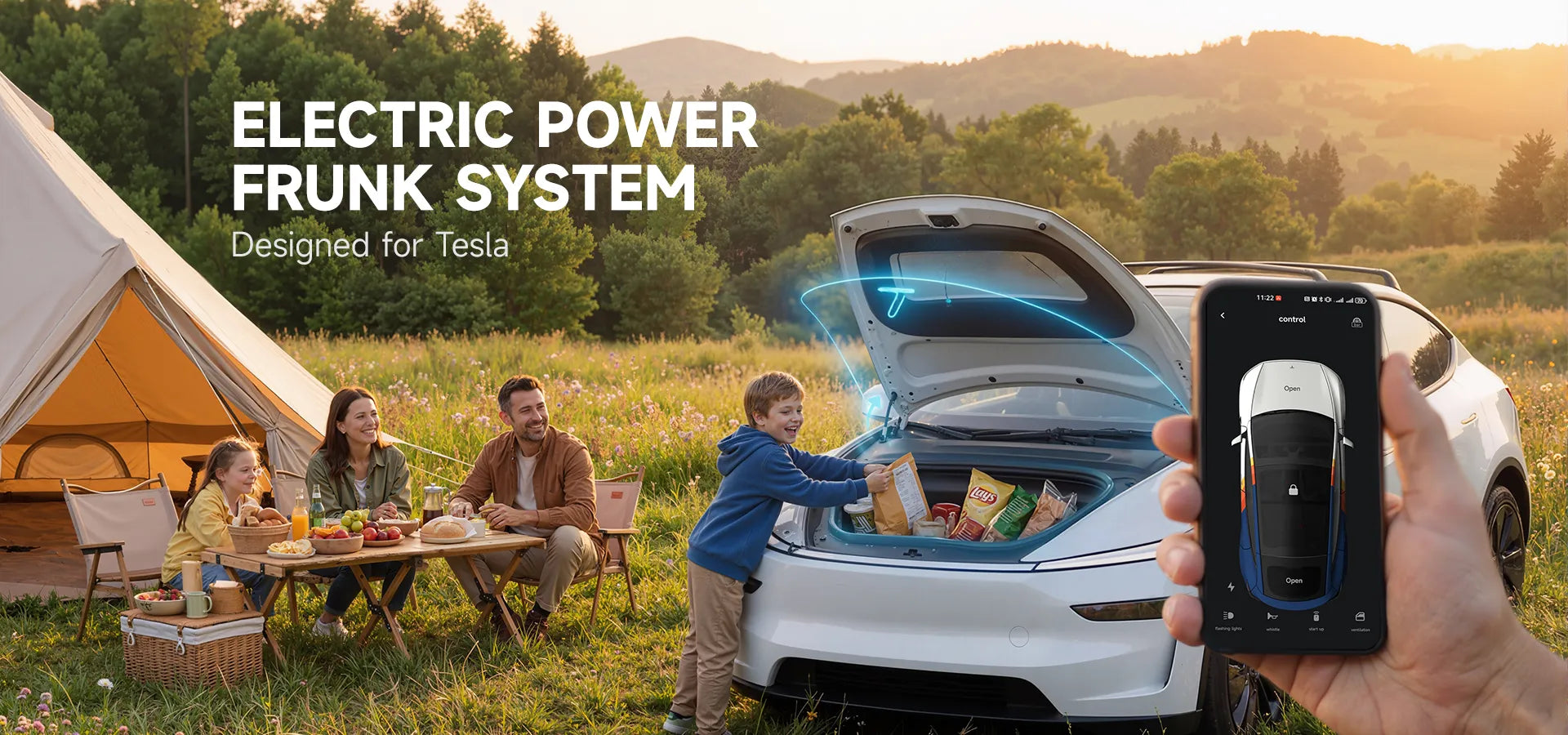 Electric power frunk system for Tesla