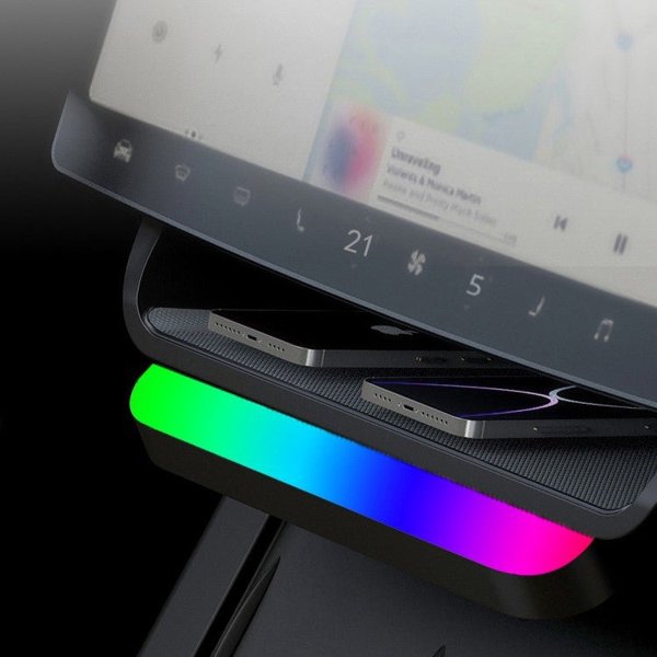 Under-Screen Storage Box with Ambient Lighting & USB-C Power for Tesla Model 3 / Model Y (LHD)