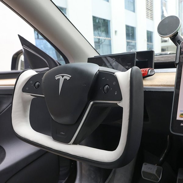 Black & White Nappa Leather Yoke-Style Steering Wheel for Tesla Model Y (2021–2025)