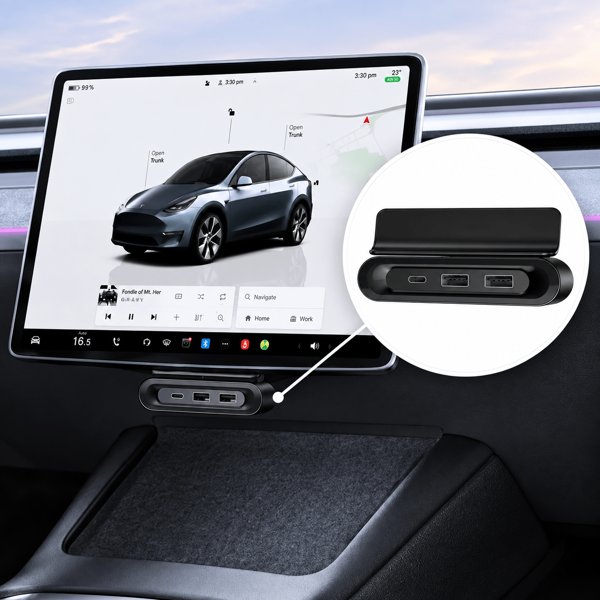 Hidden Foldable ABS Under-Screen USB Hub with Swivel Design for Tesla Model 3 Highland / Model Y Juniper / YL