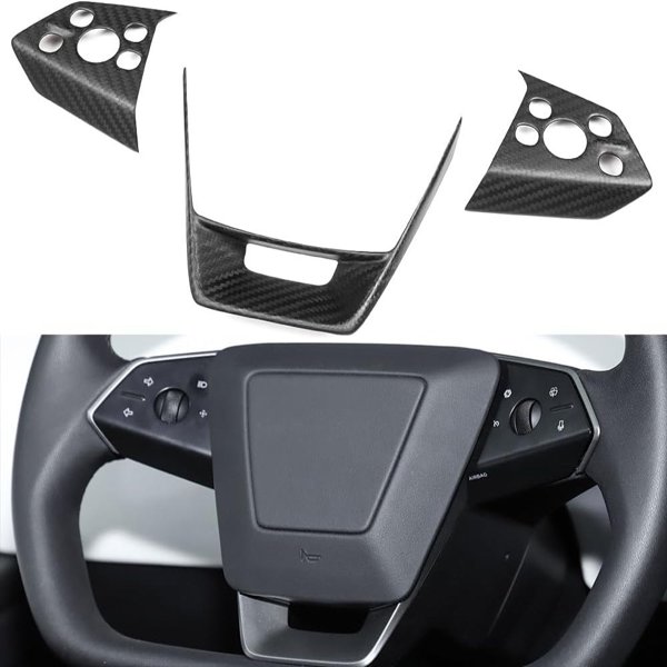 Real Carbon Fiber Steering Wheel Voice Control Trim with Glossy & Matte Finishes for Tesla Cybertruck