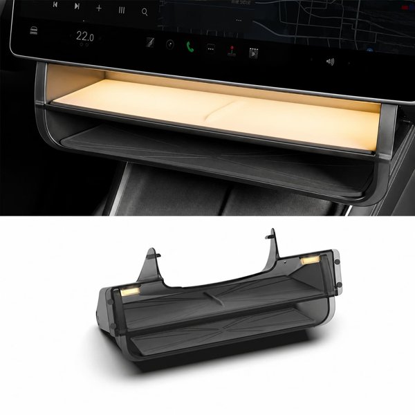 Dual-Layer Under-Screen Storage Tray with Auto LED Light for Tesla Model 3 Highland / Model Y Juniper