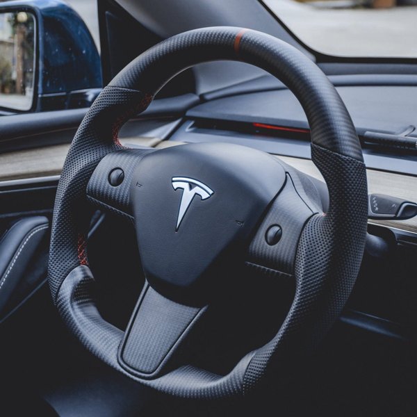 Style 25 Carbon Fiber Sport Steering Wheel with Perforated Synthetic Leather for Tesla Model 3 / Model Y