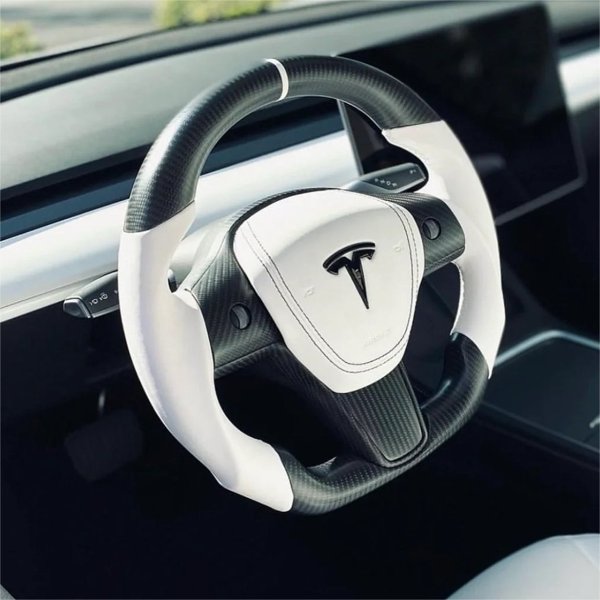 Style 41 Round Carbon Fiber Steering Wheel with Heating & White Ultra-Leather Grip for Tesla Model 3 / Model Y