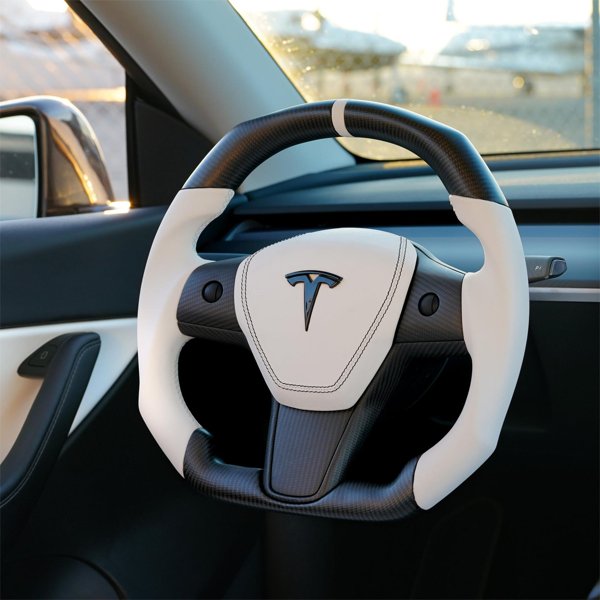 Style 42 Square Heated Steering Wheel with White Grips & Carbon-Finish Trim for Tesla Model 3 / Model Y