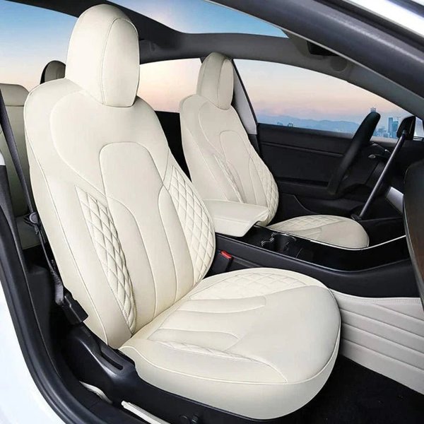 4.5 mm Nappa-Grain Leather Seat Covers with Off-White Checkered Design for Tesla Model 3 Highland