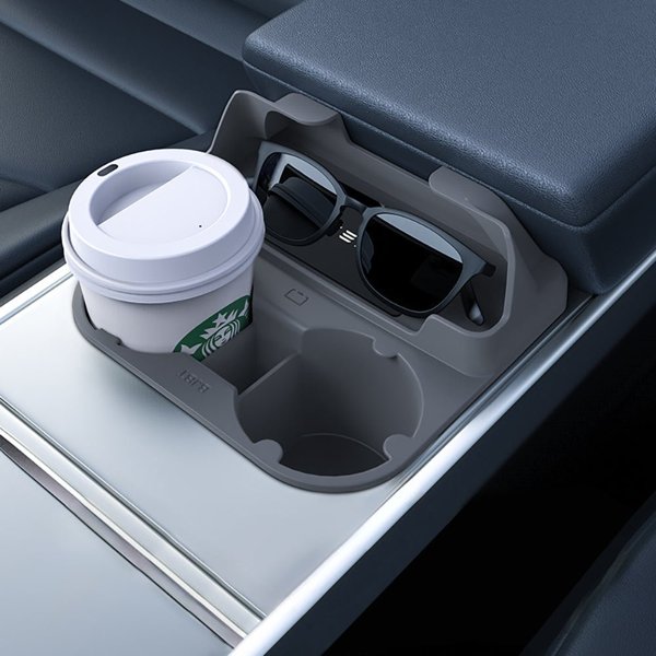 2-Slot Silicone Center Console Cup Holder with Storage & Dishwasher-Safe Design for Tesla Model 3 / Model Y