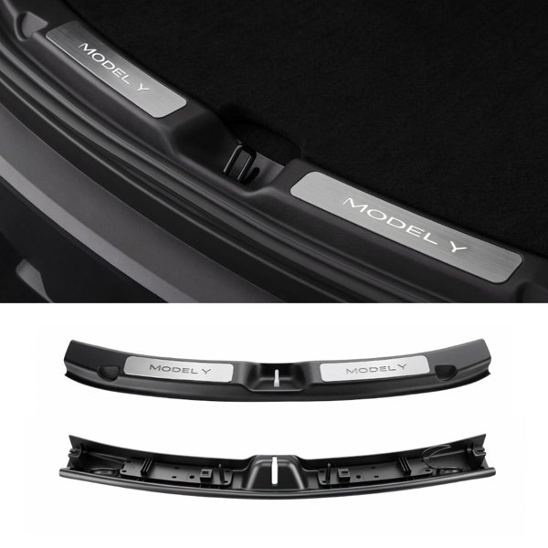LED Illuminated Trunk Sill Protector with Brushed Stainless Steel Strip & Plug-In Wiring for Tesla Model Y Juniper