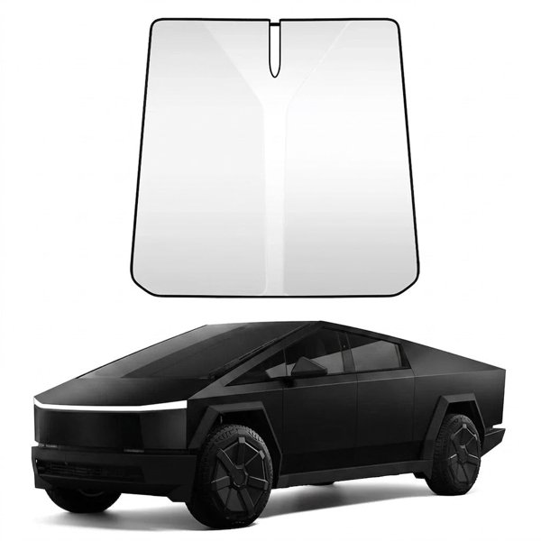 Front Windshield Sunshade with Velcro Tabs in Black & Silver for Tesla Cybertruck