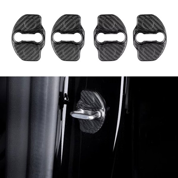 Dry Carbon Fiber Door Lock Trim Covers with Glossy, Matte, Red & Forged Finishes for Tesla Model 3 / Model Y