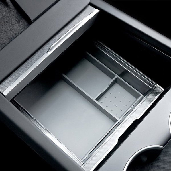 Transparent Center Front Storage Box with Grey or Black Mat for Tesla Model 3 Highland