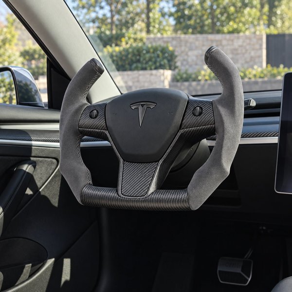F1-Style Steering Wheel with Leather or Suede-Like Grip & Optional Carbon Fiber Trim for Tesla Model 3 / Model Y