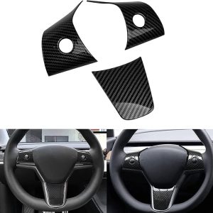 3-Piece ABS Steering Wheel Trim Cover with Carbon-Pattern & White Styles for Tesla Model 3 / Model Y