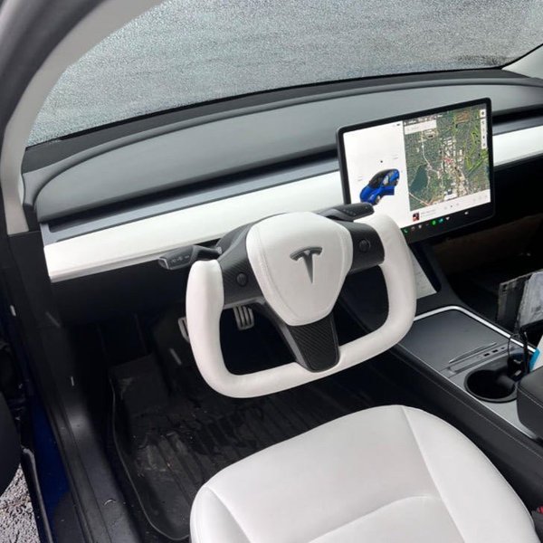 Style 7 White Yoke Steering Wheel with Heated Function & White Stitching for Tesla Model 3 / Model Y