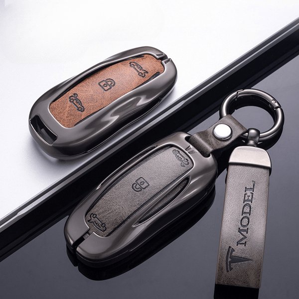 Zinc Alloy Key Fob Cover with Vegan Leather Insert & TPU Button Membrane for Tesla Model 3 / Y / S / X