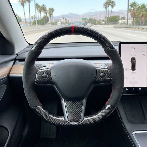 Style 15 Carbon Fiber & Alcantara Round Steering Wheel with Flat Bottom & Optional Heating for Tesla Model 3 / Model Y