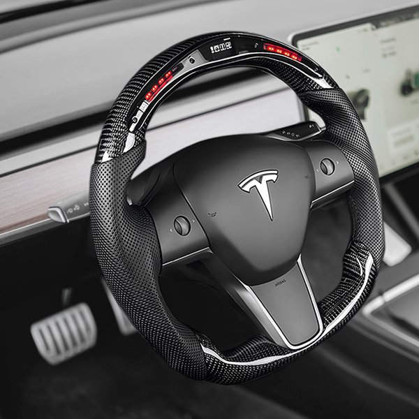Style 4 LED Carbon Fiber Steering Wheel with Heating & Carbon Center Trim Options for Tesla Model 3 / Model Y