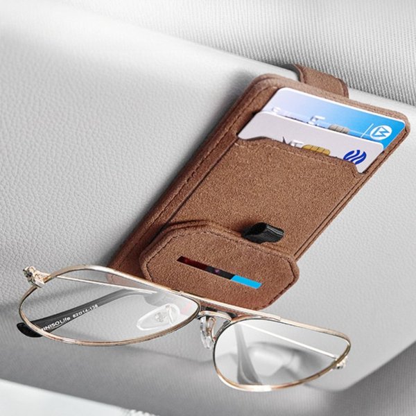 Leather Sunglasses Holder Clip with Card Slots for Tesla Model 3 / Y / S / X
