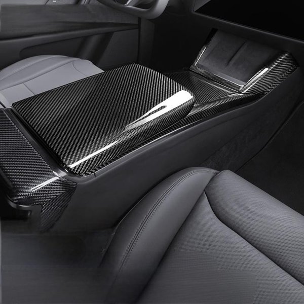 Dry Carbon Fiber Armrest Box Overlay with Glossy & Matte Finishes for Tesla Model S / Model X (2021+)